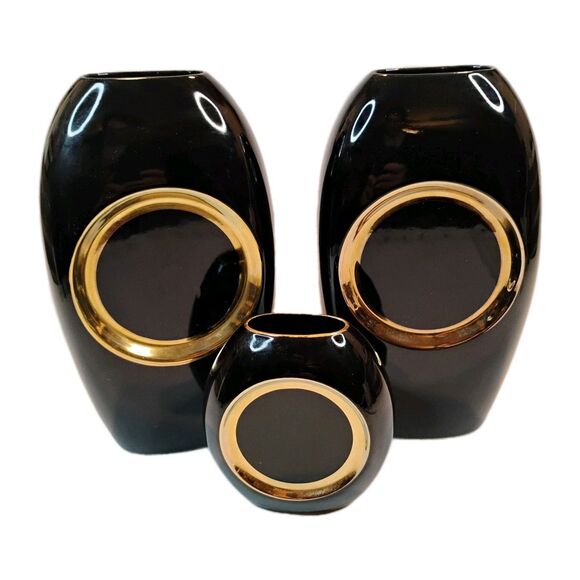 VTG Maryland China Mid-Century Modern Vase - Japan Black w/Gold Trim 3 Pc Set